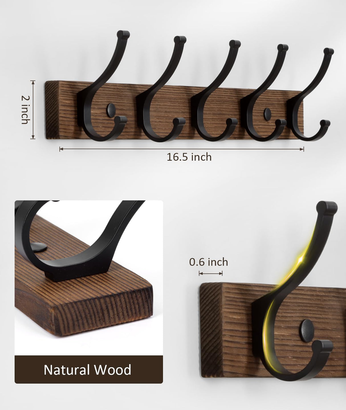 Optish Coat Rack Wall Mount, 16.5 x 2 Inches Wood Coat Hooks, Hat Rack for Walls, Wall Hooks for Hanging with 5 Hooks, Towel Hanger Purse Rack for Entry Bedroom Bathroom (1Pack, Brown) Optish