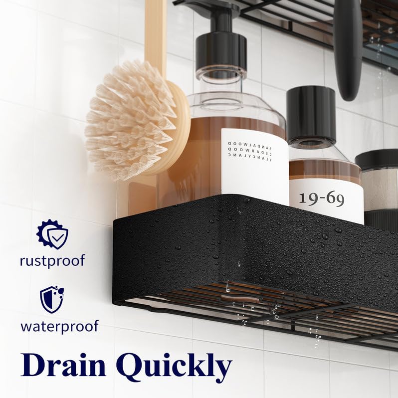 Kitsure Shower Caddy - 2 Pack Rustproof Shower Organizer, Drill-Free & Quick-Dry Shower Shelf for Inside Shower with Large Capacity, Durable Stainless Steel Shower Rack with 4 Hooks, Black Kitsure