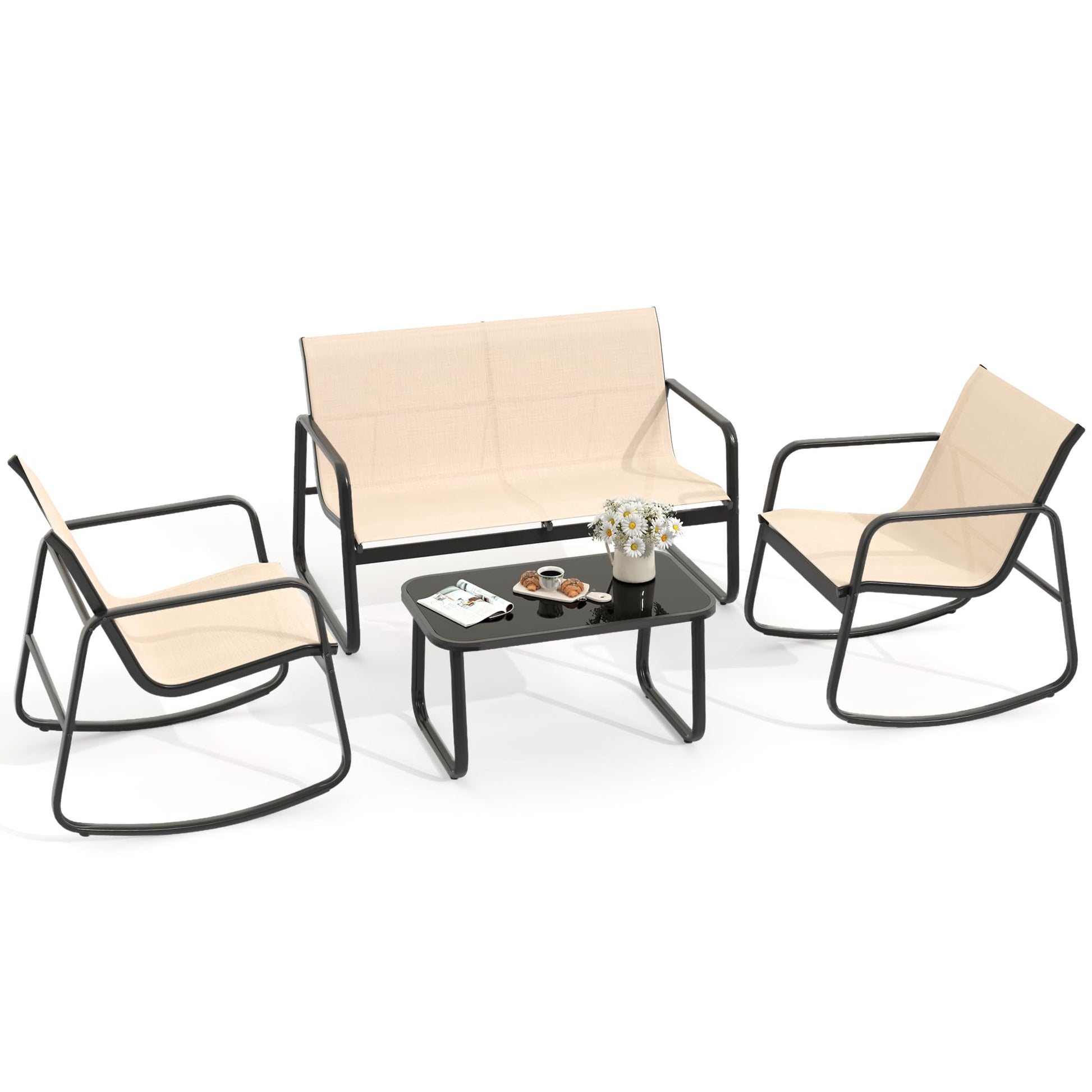 YITAHOME 4 Piece Patio Furniture Set, Small Backyard Bistro Rocking Chairs, Loveseat and Glass Table, Textilene Outdoor Conversation Set for Lawn, Garden, Balcony, Poolside (Brown) - WoodArtSupply