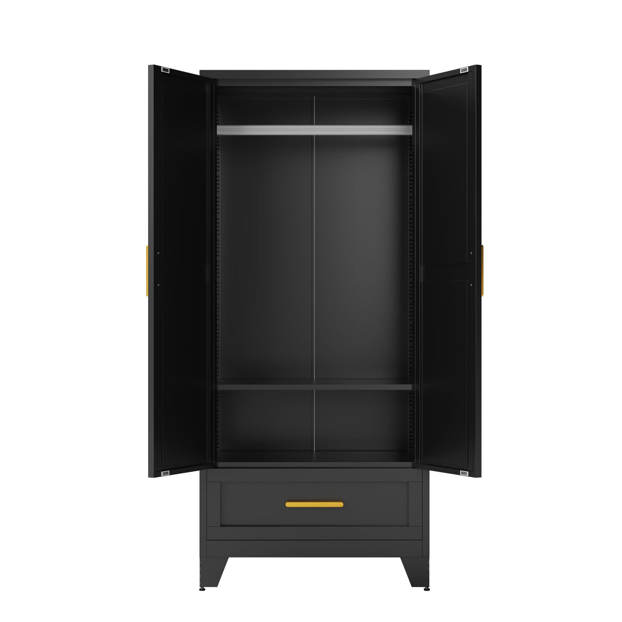 71 Farmhouse Metal Wardrobe Closet with Hanging Rod, 2 Barn Doors, Adjustable Shelves, Steel Armoire with Drawer for Home, Bedroom Black COFaR