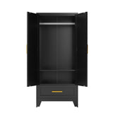 71 Farmhouse Metal Wardrobe Closet with Hanging Rod, 2 Barn Doors, Adjustable Shelves, Steel Armoire with Drawer for Home, Bedroom Black COFaR