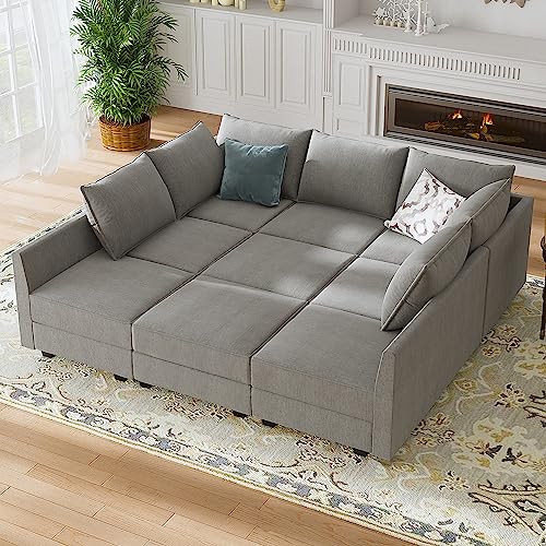 HONBAY Modular Sectional Sofa with Storage, Sleeper Sectional Sofa Modular Sectional Couch for Living Room, Grey