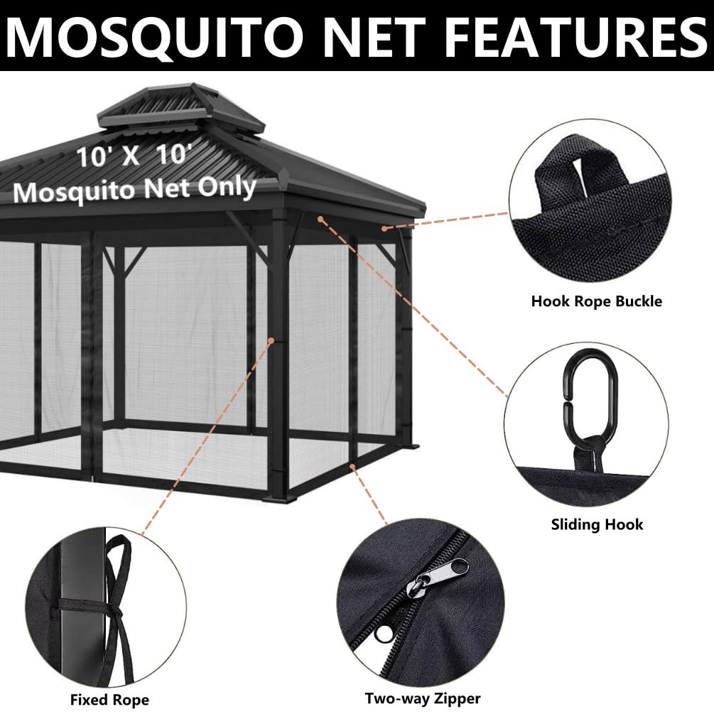 Dhyazqfit Mosquito Net for Outdoor Gazebo Canopy 4-Panel Canopy Screen Wall with Zipper for 10 x 10' Patio Gazebo and Tent (Mosquito Net Only) 10' x 10' Black