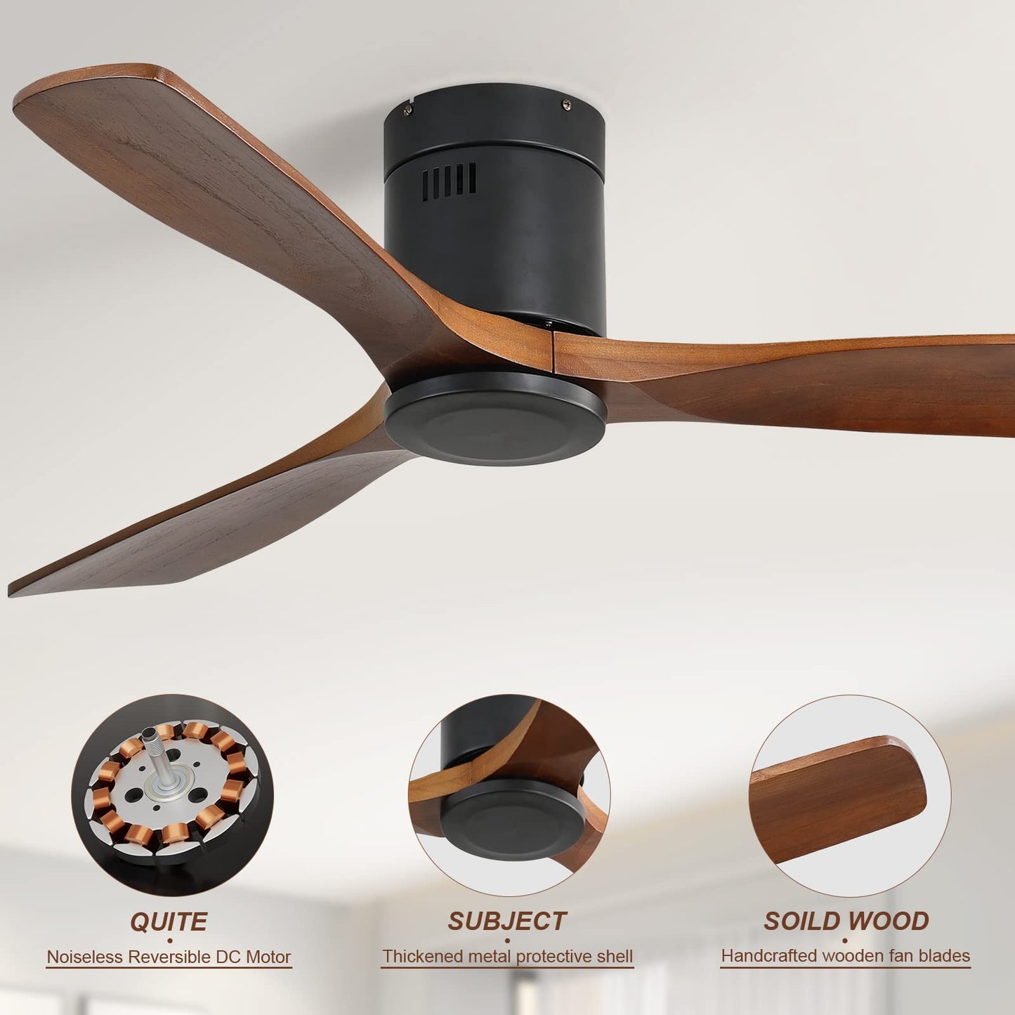 Sofucor 52" Low Profile Ceiling Fan with Remote Control, Outdoor Ceiling Fan No Light with 3 Walnut Blades, Multi-speed, Timer, Reversible DC Motor for Patio Living Room Bedroom Office Black - WoodArtSupply