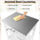 GOFLAME Kitchen Island Cart with Drawer, Rolling Kitchen Cart on Wheels with Stainless Steel Countertop, Metal Basket, Serving Tray, Lockable Casters, Utility Trolley Cart for Dining Room, White GOFLAME