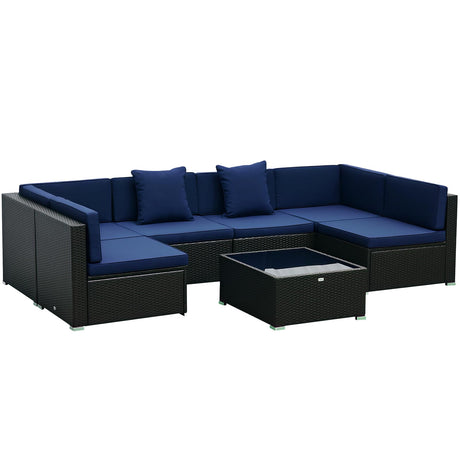 Outsunny 7-Piece Patio Furniture Sets Outdoor Wicker Conversation Sets All Weather PE Rattan Sectional Sofa Set with Cushions & Tempered Glass Desktop, Dark Blue Outsunny