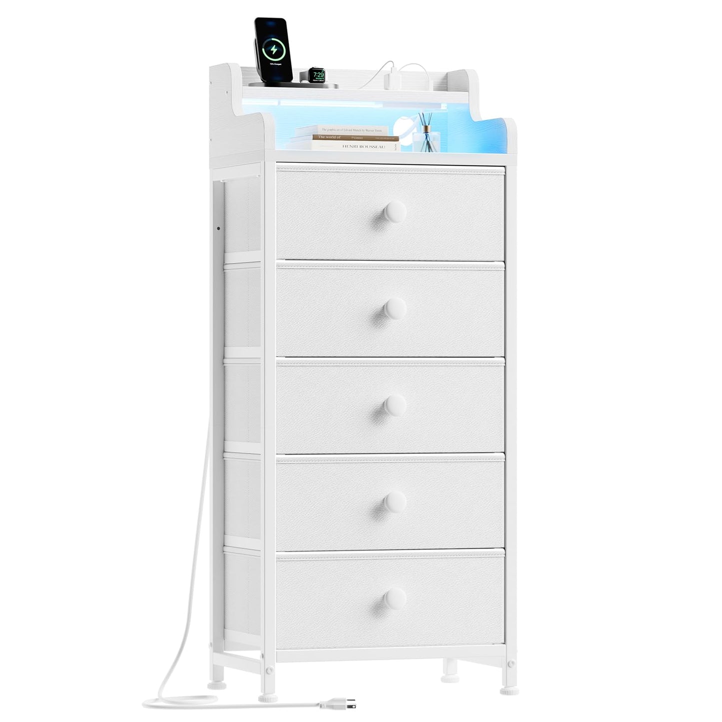 REAHOME 5 Drawer Dresser for Bedroom with Charging Station and LED Lights, White Chest of Drawers with with Shelves, Tall Night Stand with Sturdy Steel Frame & Wood Top for Bedroom - Leather White