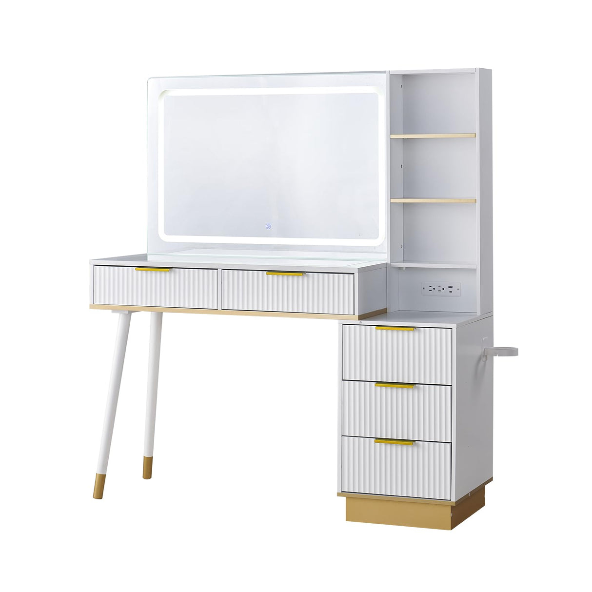 AMERLIFE 48" Vanity Desk with 35" Large Lighted Mirror, Big Modern Makeup Vanity Table with 5 Drawers & Shelves, Dressing Table with Charging Station/Glass Desktop/White AMERLIFE