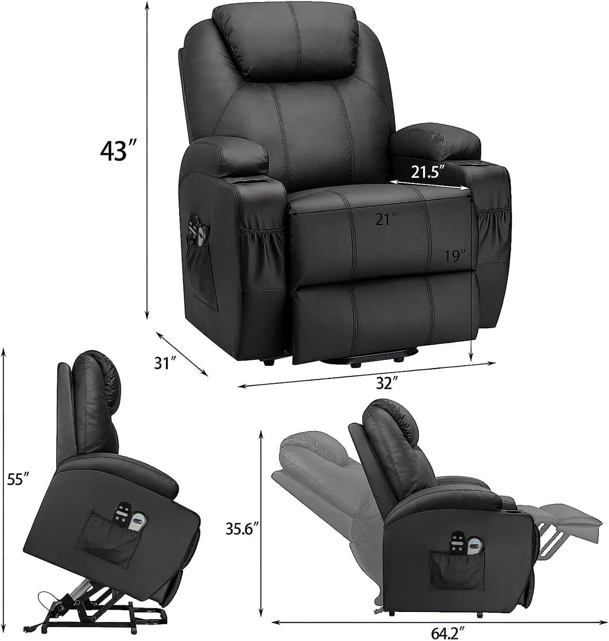 Flamaker Power Lift Recliner Chair with Vibration Massage for Elderly Ergonomic Lounge Chair Classic Single Sofa with Cup Holders Side Pockets for Living Room (Dark Black) Flamaker
