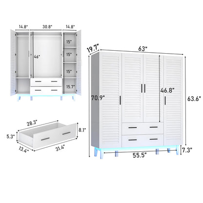 jiteentarou 4 Door Armoire Wardrobe Closet Cabinet with Drawers and LED Lights, Multi-Tier Shelves, Hanging Rod & 4 Louver Doors, Large Capacity Storage Wardrobe Armoire for Bedroom(4 Doors W - WoodArtSupply