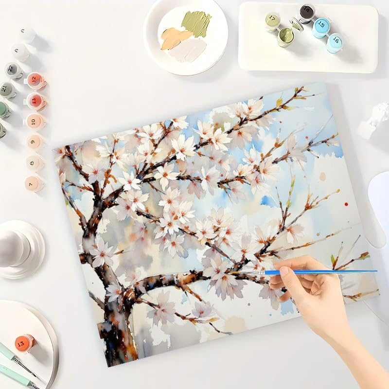 Cherry Blossom Tree Paint by Numbers Kit for Adults - DIY Spring Flowers on Branches Painting on Canvas 16x20 Inches, Acrylic Paint Set,Suitable for Beginners,Floral Art for Decoration/Gifts TAOPAOLAB