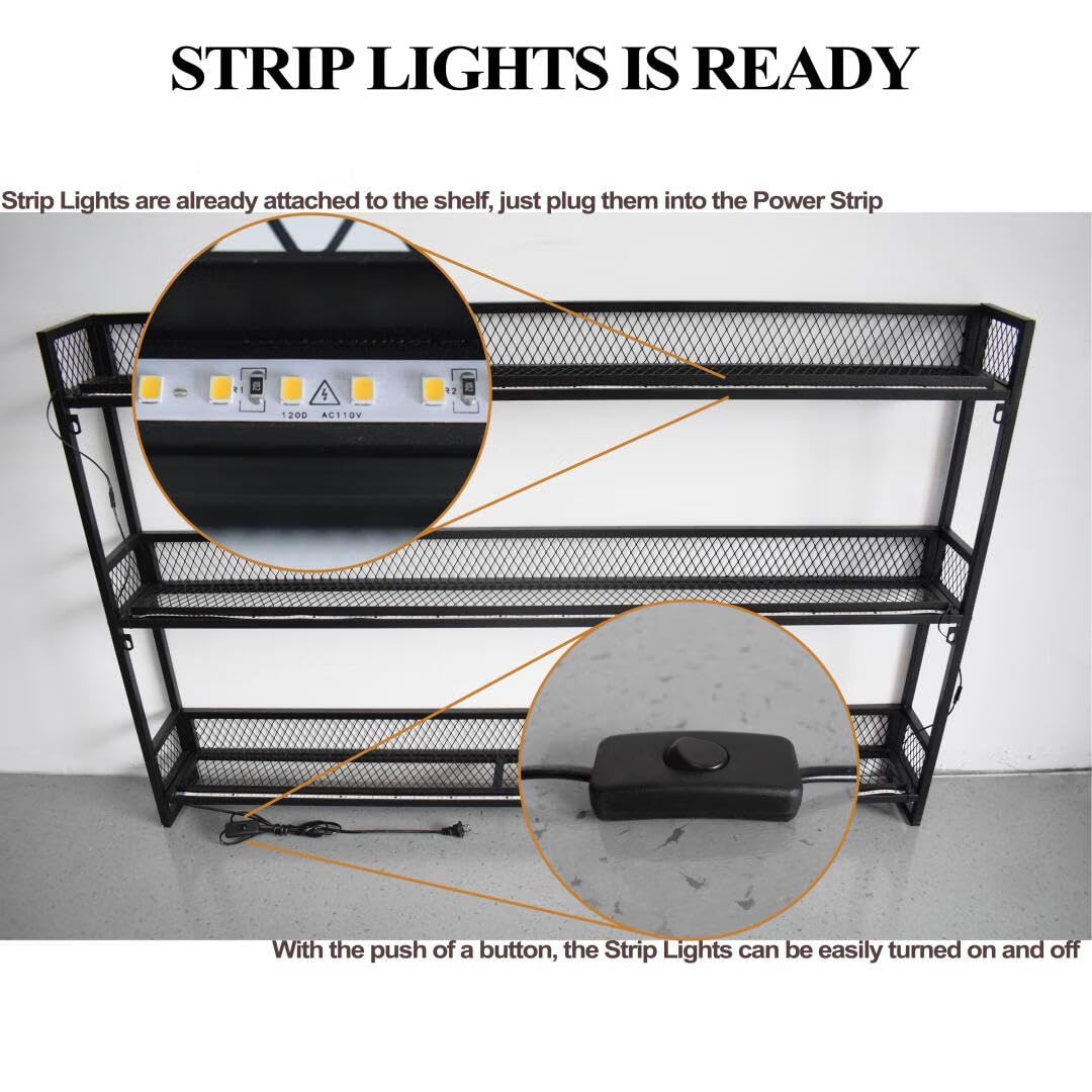 GWLQRTXV X2 47in Wine Rack with LED Lighting Wall Mounted Glass Holder, 3-Tiers Liquor Bottles Shelves Display Storage Organizer Hanging Long Stemware Goblet Metal for Home Mini Bar Cellar Black GWLQRTXV