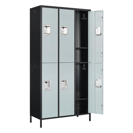 Anxxsu Metal Locker with 6 Doors Employees Locker, Metal Storage Locker with Hooks, 71" Storage Cabinet Lockers for Employees, Home, Office, Gym Requires Assembly (6 Doors, Black Grey) Anxxsu