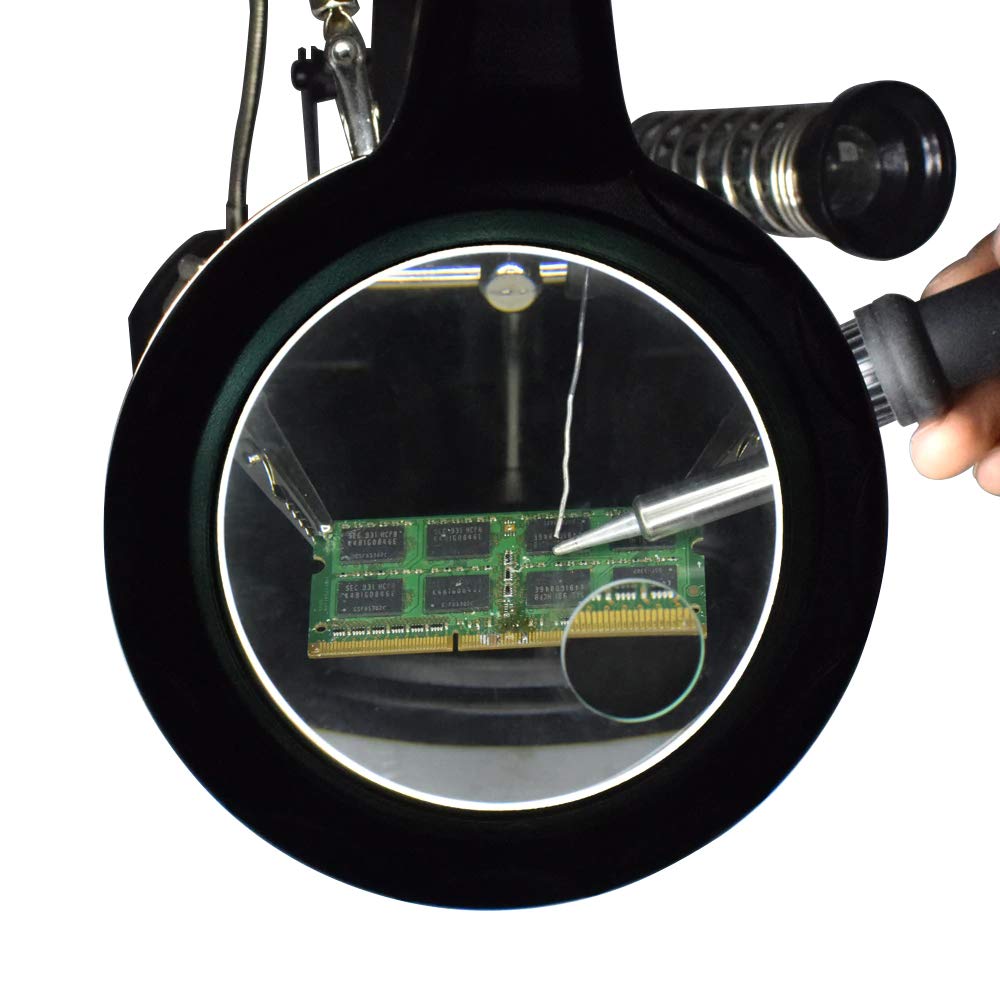 MMOBIEL LED Light Helping Hand Magnifier Station for Soldering, Assembly, Repair,Modeling, Hobbies and Crafts - 2.5X /4X LED Light - Hands-Free Magnifying Glass Stand - Incl. Clamp and Alligator Clips MMOBIEL