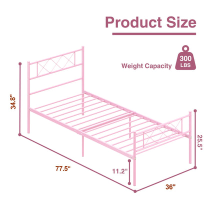 Weehom Twin Bed Frame, Metal Platform Bed Frame with Storage Bed for Kids Girls with Headboard Footboard No Box Spring Needed Pink