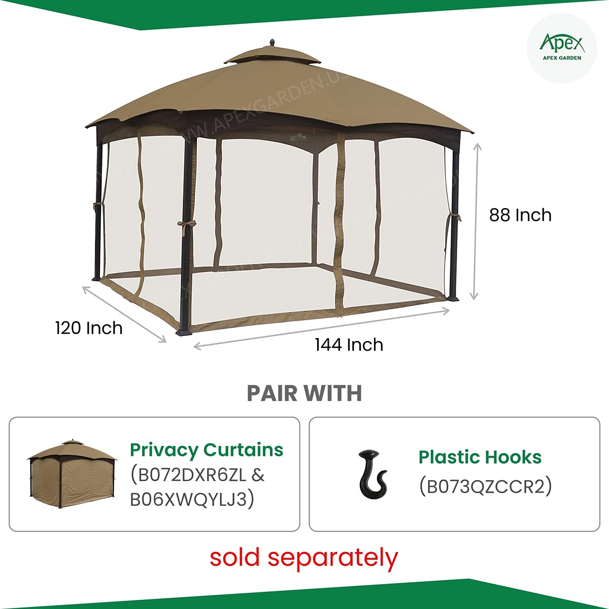 APEX GARDEN 10 Ft. x 12 Ft. Gazebo Replacement Mosquito Netting (Mosquito Net Only) APEX GARDEN