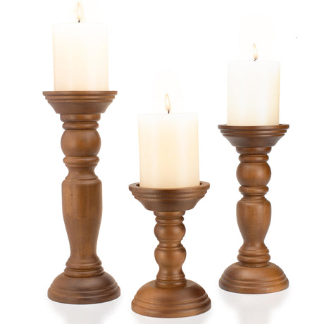 Rustic Wooden Pillar Candle Holders Set of 3, 12'' 9'' 6'' Farmhouse Wood Candle Stand for Table Centerpieces, Vintage Tall Candleholders Fireplace Mantel Decor for Living Room, Brown BANOMII