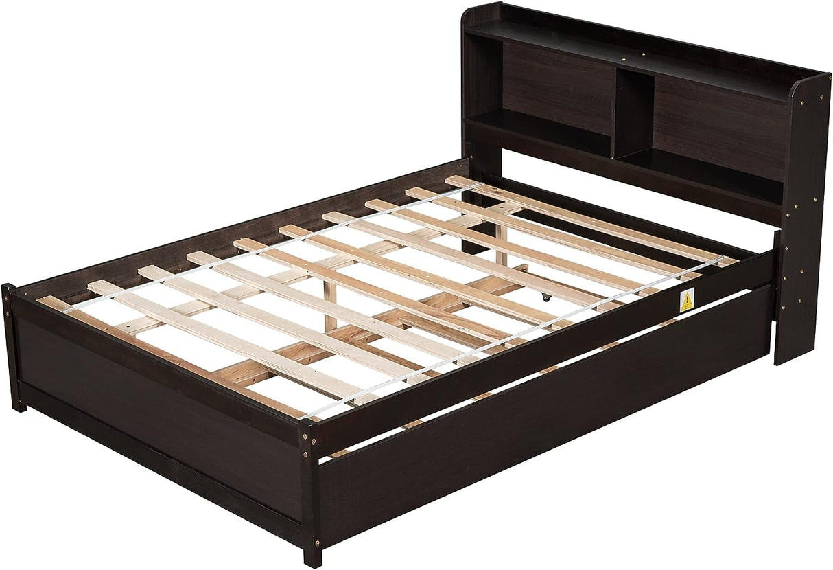 Harper & Bright Designs Full Bed Frame with Trundle, Full Trundle Bed with Bookcase Headboard, Wood Full Size Platform Bed with Twin Trundle Bed Under for Kids Girls Boys, Espresso Harper & Bright Designs