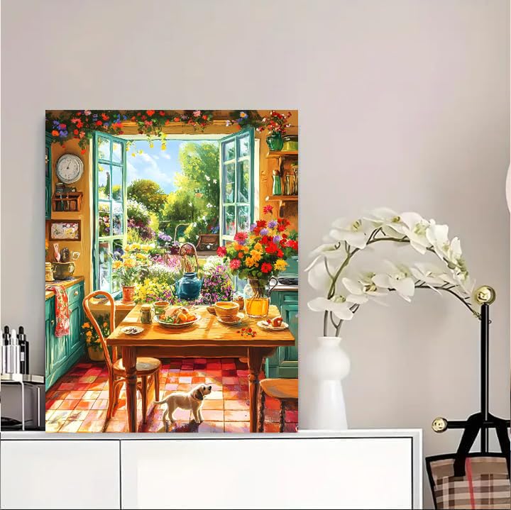 Diamond Art Kits for Adults Beginner- Cozy Kitchen and Garden Sunshine and Dog Diamond Painting Kits 5D Diamond Dots Gem Art Crafts with Tools- Round Full Drill Funny Crafts for Home Wall Decor&Gift Fairyland JinWenn