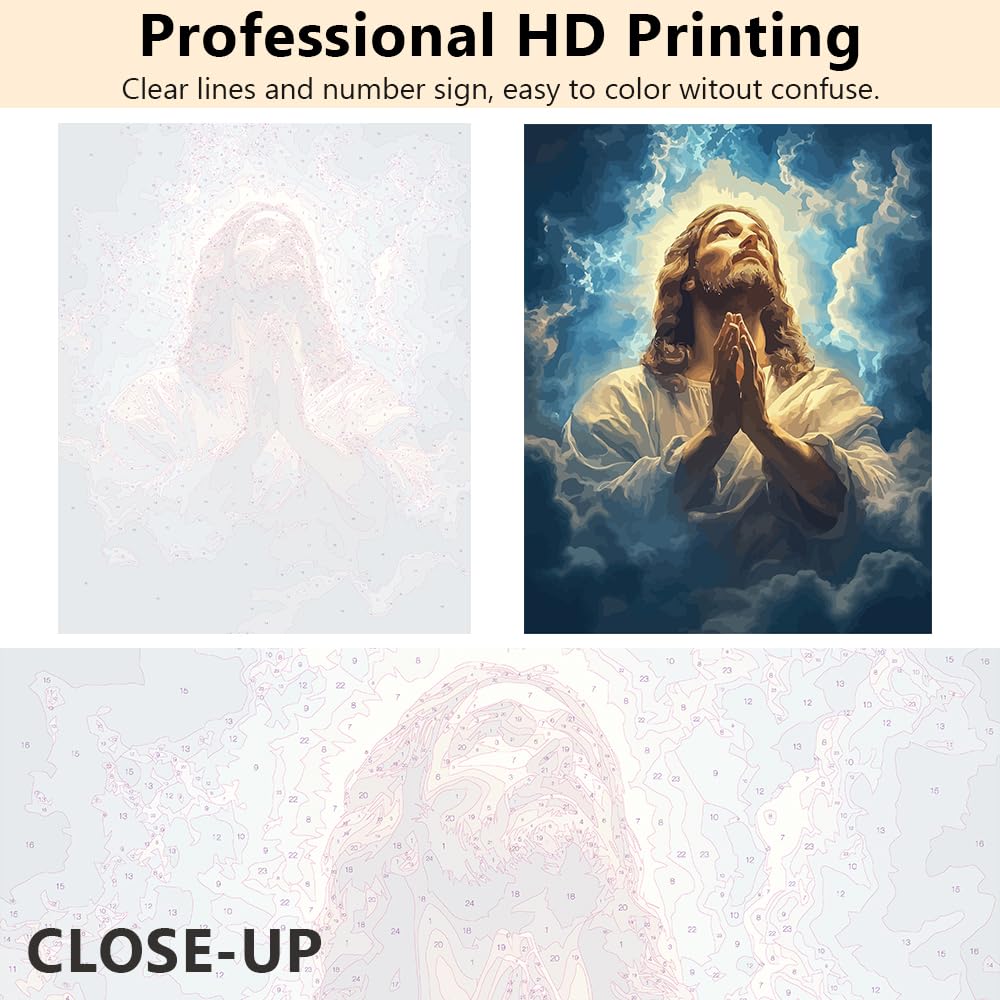 Paint by Number Kits Jesus Prayer Painting Kits for Adults DIY Number Painting for Adults Jesus Bathed in Light Paint by Numbers on Canvas Stress Relief Activity Wall Decor Gift for Friends(40x50cm) TUMOVO