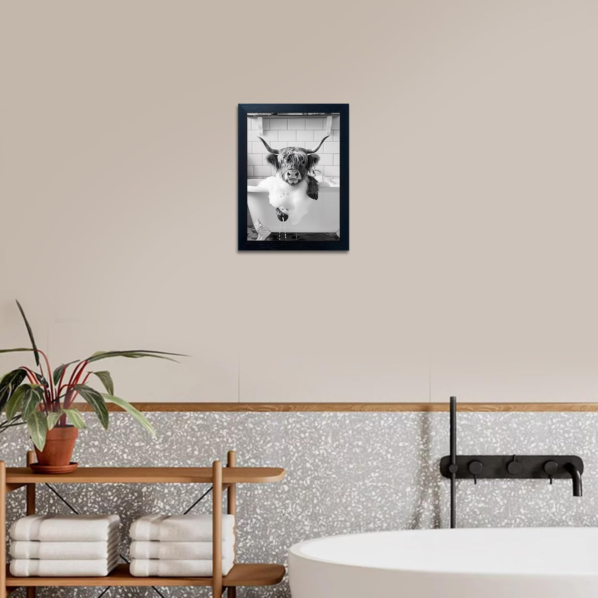 Highland Cow Bathroom Decor, Funny Bathroom Wall Art, Highland Cow in Bathtub Farmhouse Canvas Print, Black and White Cow Pictures Wall Decor, Framed Animal Pint Artworks for Wall Senlifa Art