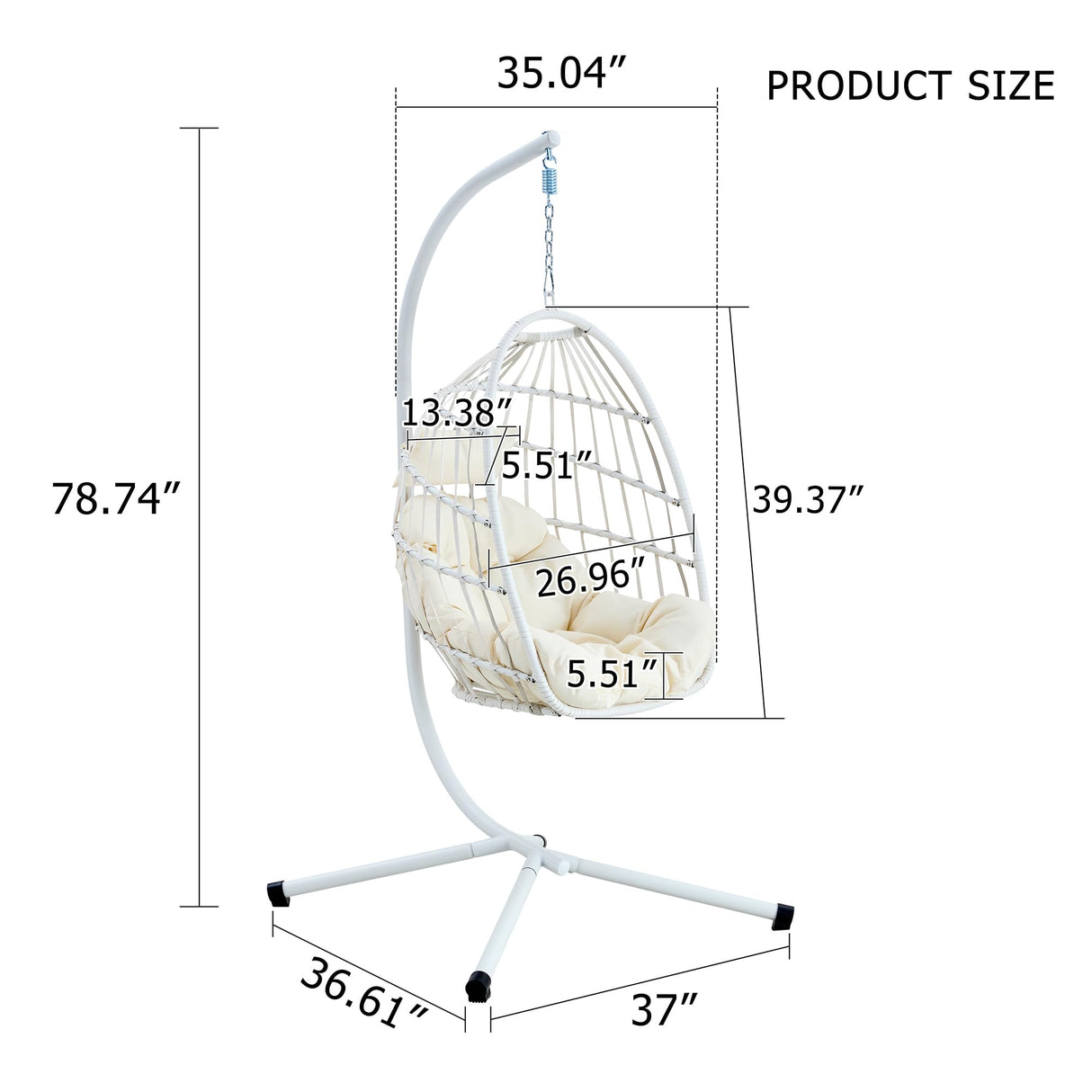 Hanging Egg Chair with Stand, Outdoor Swing Chair with Cushion and Headrest, Rattan Hammock Egg Chair for Backyard, Balcony, Indoor, 300lbs Capacity, White JEARGE