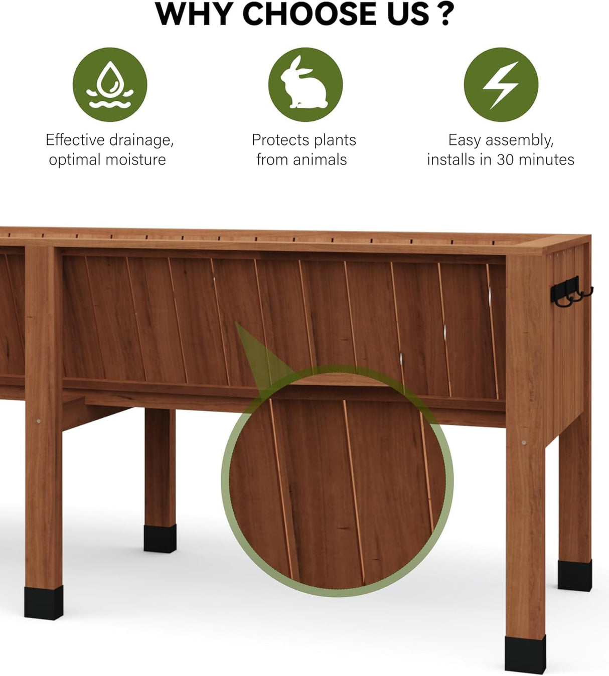 72x26x30 Inch Raised Garden Bed With Leg, Elevated Wood Planter Box Stand for Vegetables, Herbs & Flowers, 6x2x2.5 Ft Outdoor Standing Planter w/Hooks,13.7In Depth Plante for Backyard, Patio, Balcony SLEKVERSA