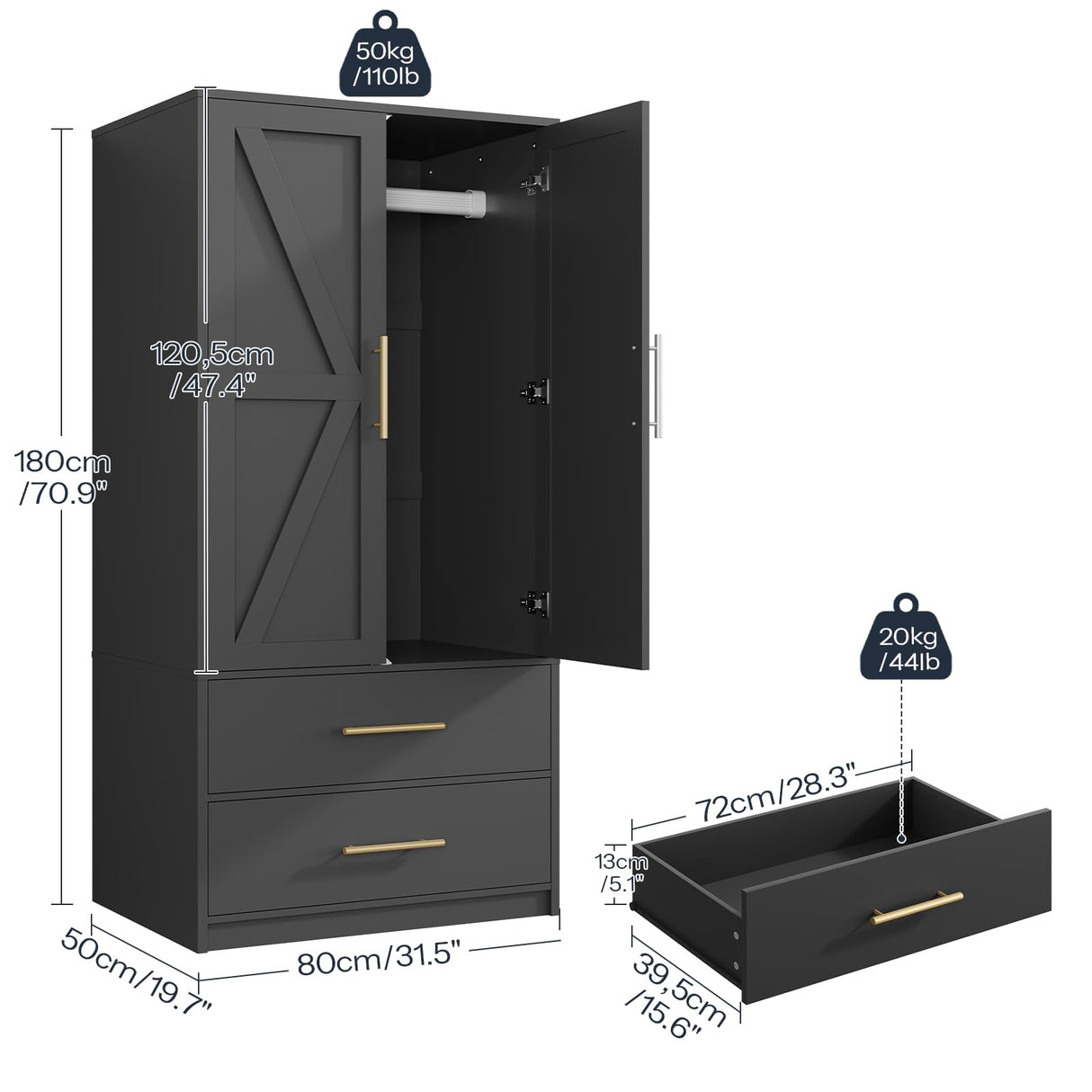 HOOBRO Armoire Wardrobe Closet, Wardrobe Closet with Doors and 2 Drawers, Bedroom Armoire with Hanging Rod, Tall Armoire for Bedroom, Wooden Clothing Storage Cabinet, Black HOOBRO