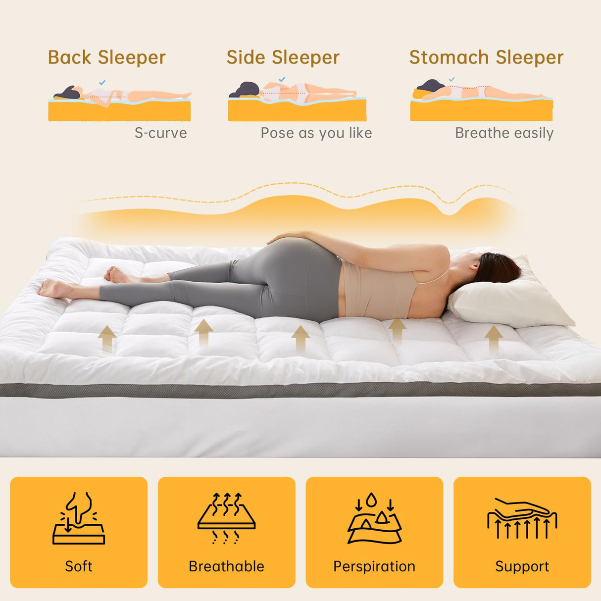 SAPHREAS Queen Size Mattress Topper 3 inch with 8-20 inches Stretchable Pockets, Soft Pillow Top Mattress Pad for Back Pain Relief with Breathable Air Mesh Sides SAPHREAS