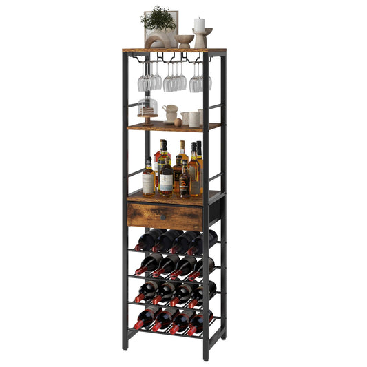 IBUYKE Wine Rack Freestanding Floor, Bar Cabinet for Liquor and Glasses,4-Tier Wood Coffee Bar Cabinet,Glass Holder and Storage Drawer for Home Bar Kitchen Living Room,Rustic Brown UTMJ905H