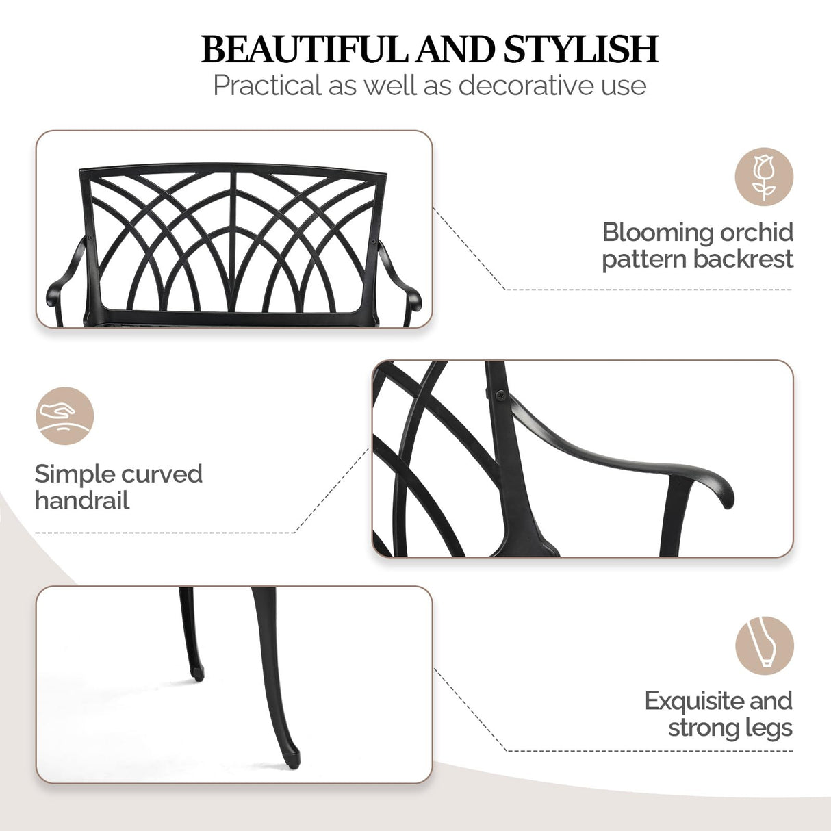 VINGLI 38" Outdoor Bench Cast Aluminium Garden Bench, Orchid Porch Bench Patio Bench Deck Furniture for 1-2 Person Seat (Black) VINGLI