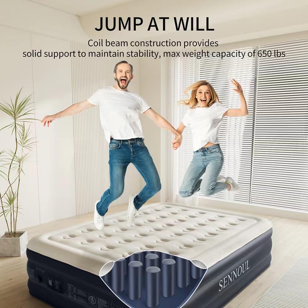 SENNOUL Air Mattress Queen with Built in Pump - 2 Mins Quick Self Inflatable,16"/650lbs Max Blow Up Bed, All Night Stability No Lost Air，No Peculiar Smell for Camping,Home,Guests & Portable Travel SENNOUL