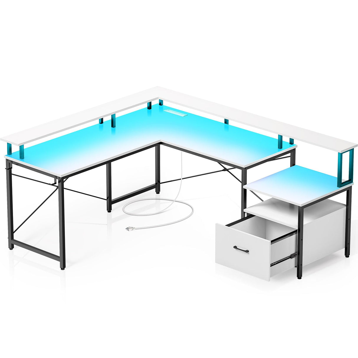 Rolanstar Computer Desk with File Drawer, 64" L Shaped Desk with Power Outlet & LED Strip, L Shaped Computer Corner Desk with File Cabinet, Gaming Desk with Monitor Shelf, Home Office Desk, White Rolanstar
