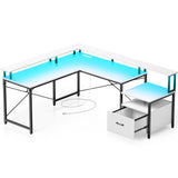 Rolanstar Computer Desk with File Drawer, 64" L Shaped Desk with Power Outlet & LED Strip, L Shaped Computer Corner Desk with File Cabinet, Gaming Desk with Monitor Shelf, Home Office Desk, White Rolanstar