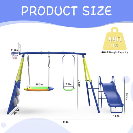 Swing Sets for Backyard with Kids Slide Outdoor Heavy-Duty Metal Playset for Kids 440lbs 5 in 1 Swing Set with Slide, Saucer Seat, Belt Seat, Soccer Goals and Basketball Hoop SENCHO GINSYTALIOR