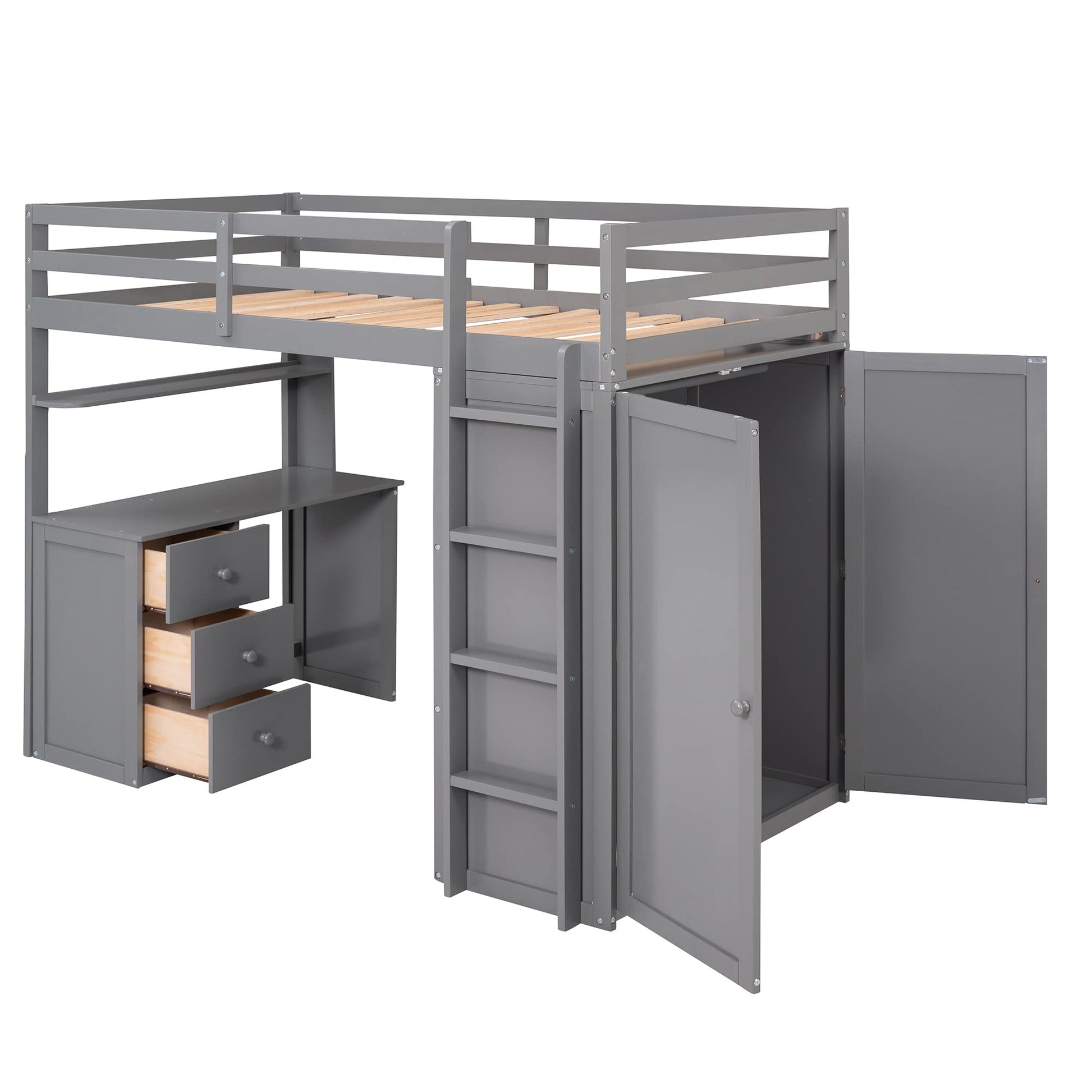 Harper & Bright Designs Twin Loft Bed with Desk and Wardrobe, Solid Wood Loft Bed Frame with Storage Drawers, for Kids Teens Adults (Twin Size, Gray) - WoodArtSupply