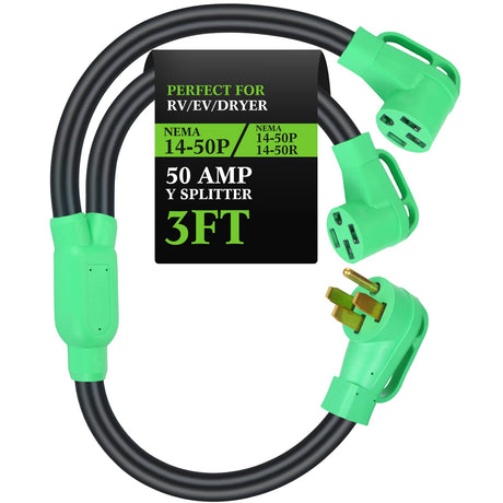 Kanayu 50Amp 14-50 Y Splitter Adapter Cord ETL Listed 14-50P Male to 2X 14-50R Female 4 Prong 250V Splitter for RV and EV Heavy Duty 6/3+8/1 STW AWG RV Generator Outdoor Extension Cord, 3 Ft(Green) Kanayu