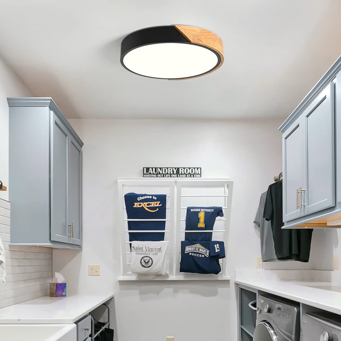 Vikaey Modern LED Ceiling Light, Minimalist Wood Flush Mount Ceiling Light Fixture, 4000K Not Dimmable, Circle Lighting Lamp with Acrylic Lampshade for Bedroom Laundry Room Hallway (Black,11.8") Vikaey