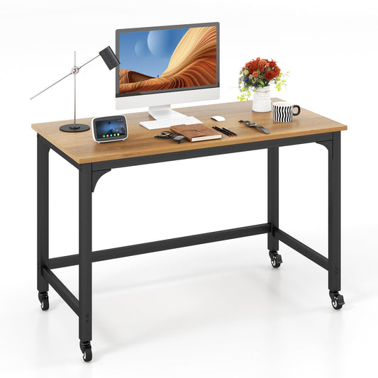 Giantex 48" Rolling Computer Desk, Mobile Study Writing Desk with 4 Smooth Wheels & Metal Frame, Simple Style Home Office Work Bench, Movable Workstation for Living Room, Study & Bedroom (Natural)