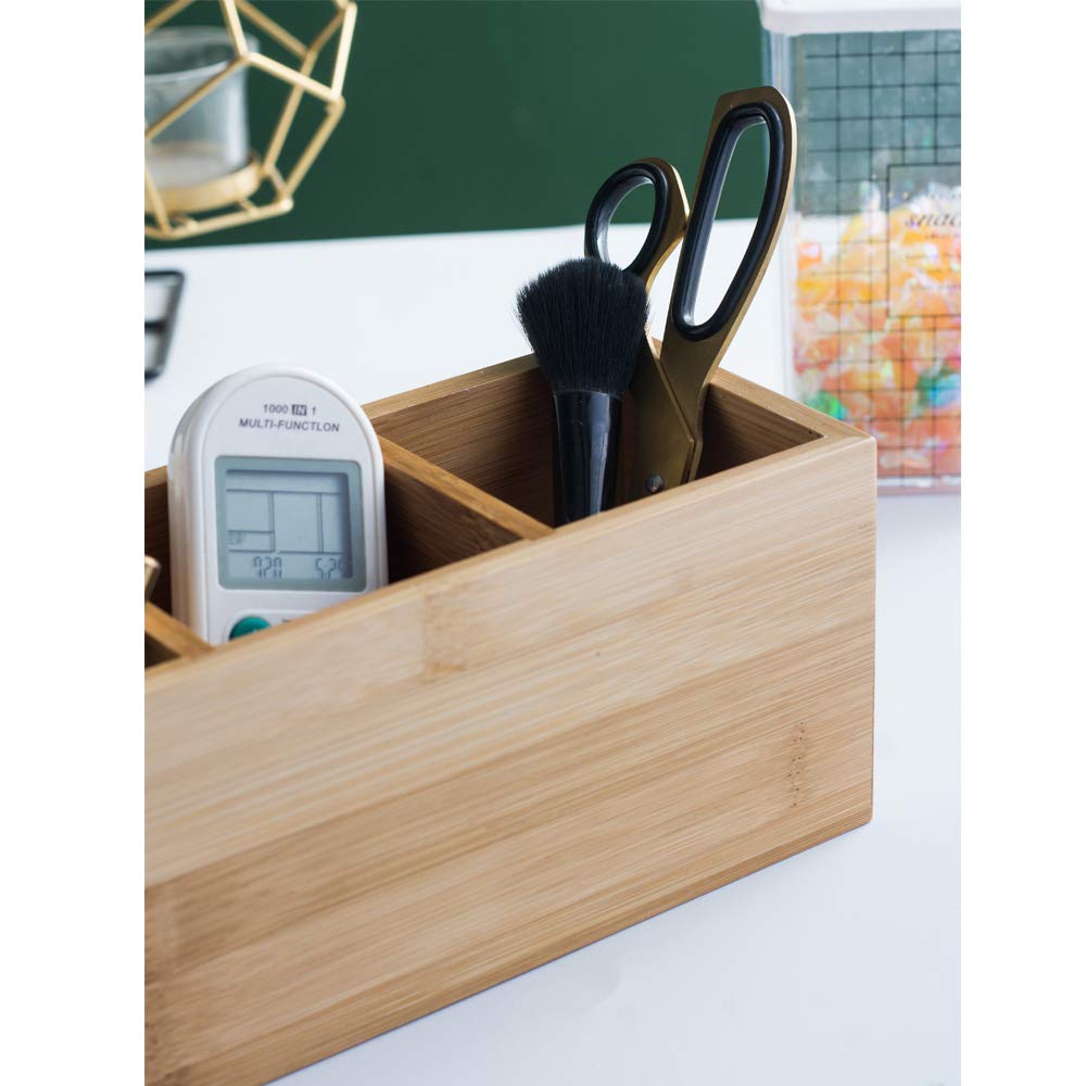 YOSCO Bamboo Wood Pens Pencils Holder Cup for Desk Remote Control Holder, Caddy,Organizer,Desktop Storage with 3 Compartments,Multiuse for Store TV Remotes,Game Console,Phones,Office Supplies (3 Grid) YOSCO