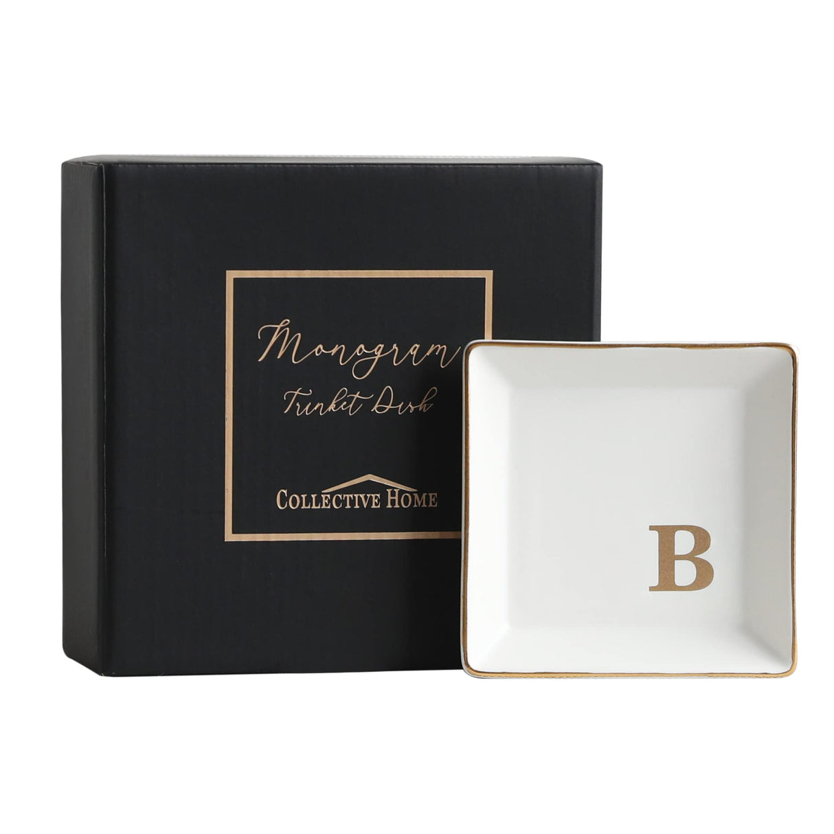 COLLECTIVE HOME - Ceramic Jewelry Tray, Monogram Decorative Trinket Dish for Rings Earrings Necklaces Bracelet Watch Keys, Birthday Mother's Day Christmas Gift for Women, 4" x 4" (B) COLLECTIVE HOME