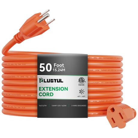 Outdoor Extension Cord 50 FT Waterproof, 16/3 Gauge Heavy Duty 3 Prong Extension Cord, 13A 1625W SJTW, ETL Listed, Great for Garden and Home, Orange PLUGTUL