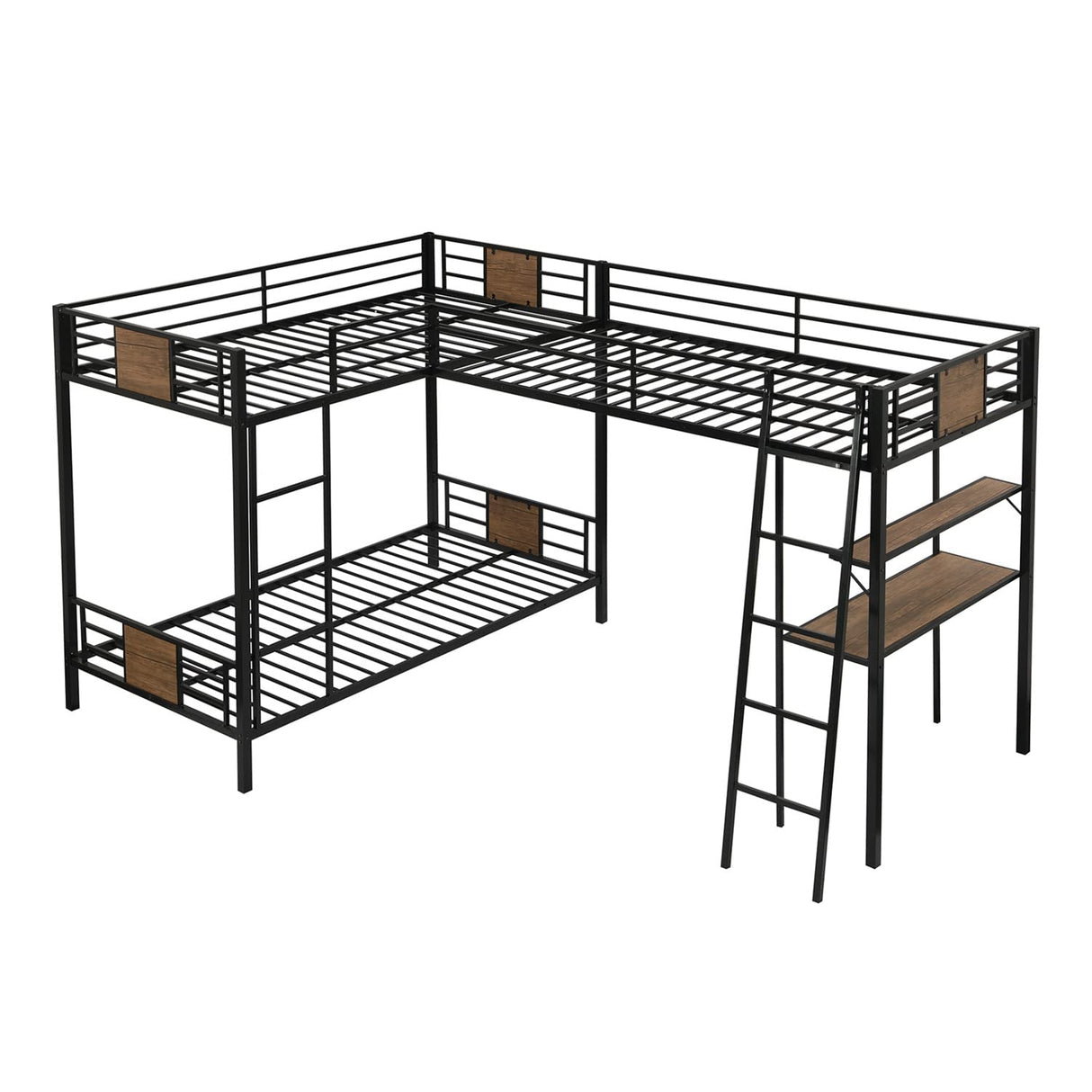 Metal Triple Bunk Bed for Kids Twin Over Twin L-Shape Bunk Bed Attached a Loft Bed with Desk & Shelves 3 Bunked Beds for for Dorm, Boys Girls Teens Kids, Brown Bellemave