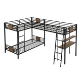 Metal Triple Bunk Bed for Kids Twin Over Twin L-Shape Bunk Bed Attached a Loft Bed with Desk & Shelves 3 Bunked Beds for for Dorm, Boys Girls Teens Kids, Brown Bellemave