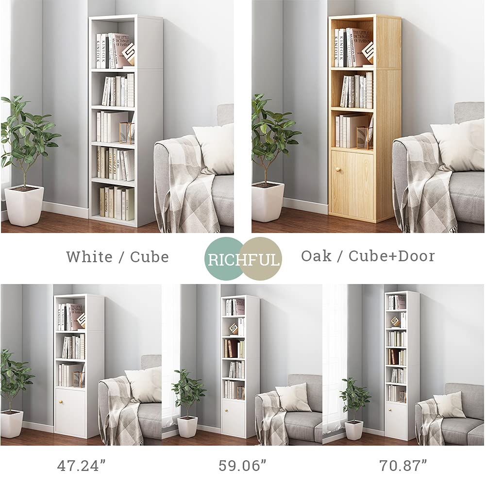 IOTXY Small Narrow Corner Bookcase - 71 Inches Tall Gap Freestanding Storage Cabinet, 7 Lattices Open Shelves Tower Rack with Door, Cubes Bookshelf in White IOTXY