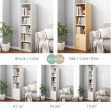IOTXY Small Narrow Corner Bookcase - 71 Inches Tall Gap Freestanding Storage Cabinet, 7 Lattices Open Shelves Tower Rack with Door, Cubes Bookshelf in White IOTXY