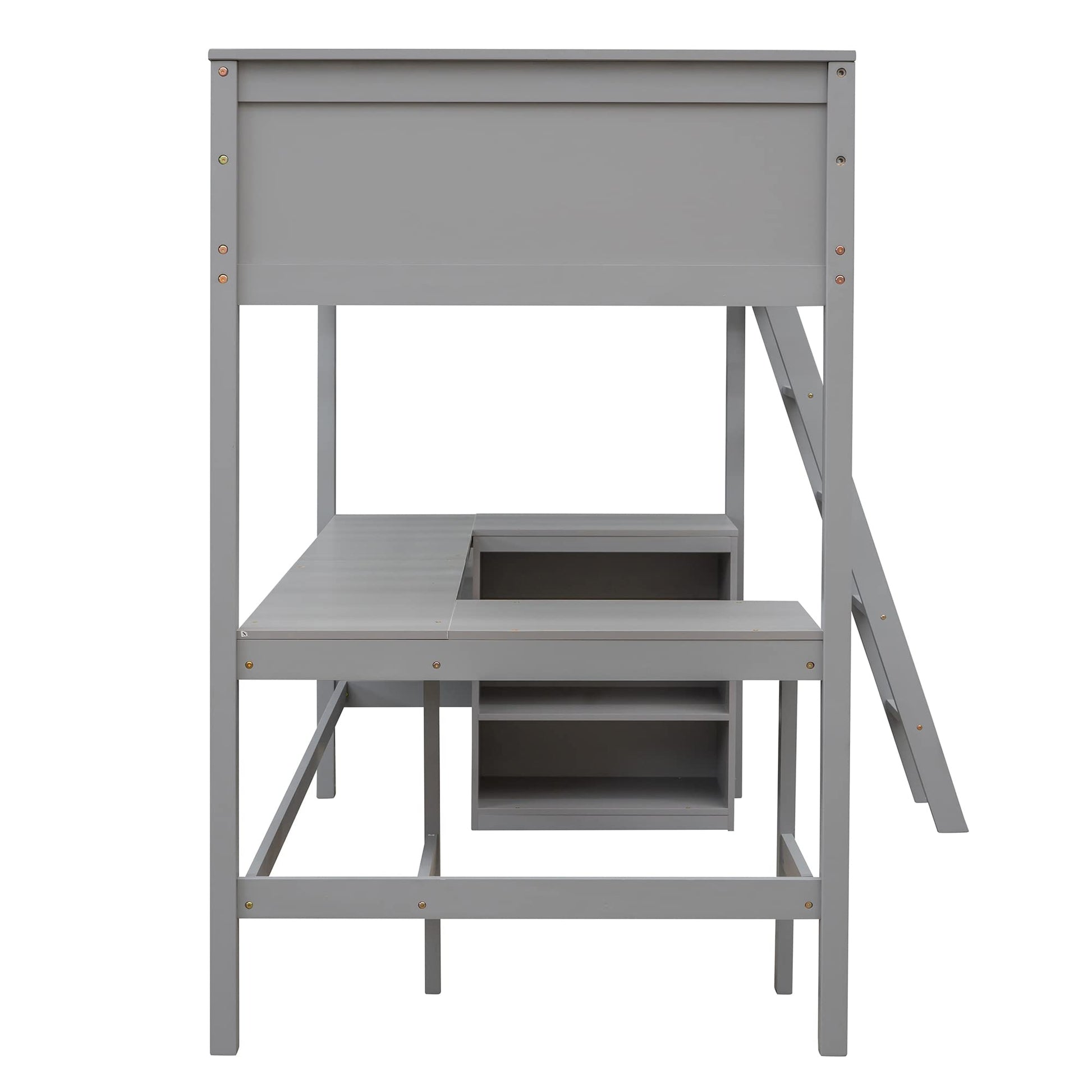 LostCat Twin Size Loft Bed with L-Shaped Desk and Storage Shelves for Kids and Teens - Grey - WoodArtSupply