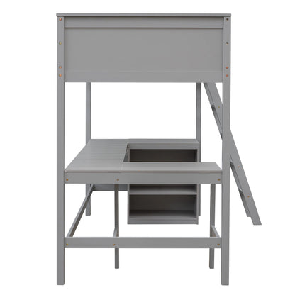 LostCat Twin Size Loft Bed with L-Shaped Desk and Storage Shelves for Kids and Teens - Grey - WoodArtSupply