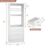Besiost Freestanding 2FT Closet System with 3 Wood Drawers, 24" Closet Organizer System with Hanging Rod & Shelves, Walk-in Closet Systems for Small Closets, White (24"L x 15" W x 80" H) Besiost
