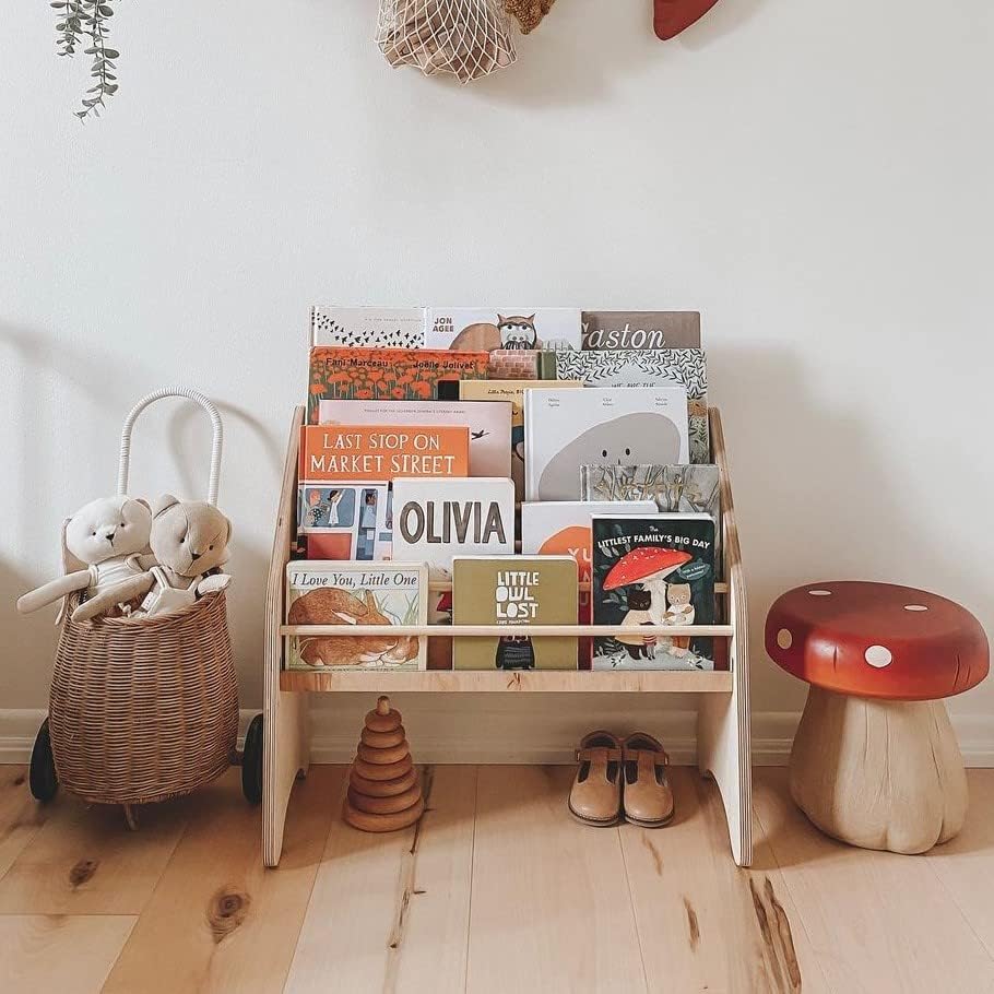 Montessori Bookshelf for Toddler Wood Kids Playroom Furniture Natural Wooden Nursery Gift Birthday Baby Neutral Room Storage Shelf Large Bookcase Child Decor Idea (Small) Enjoy The Wood